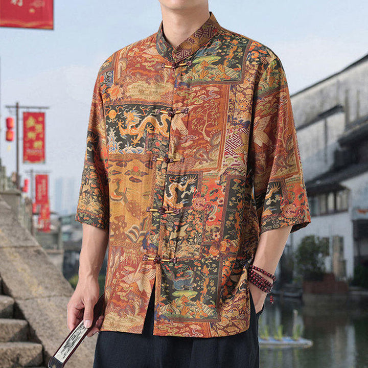 Camisa de lino y algodón de manga corta para hombre, con diseño de Buddha Stones, dragón, nubes auspiciosas, montañas verdes y botones de rana china. - image 3