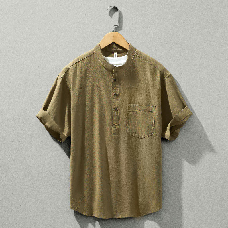 Camisa de algodón de manga corta con botones y estampado de Buddha Stones para hombre, de verano, lisa - Caqui oscuro - US/UK/AU42, EU52 (3XL) - image 28
