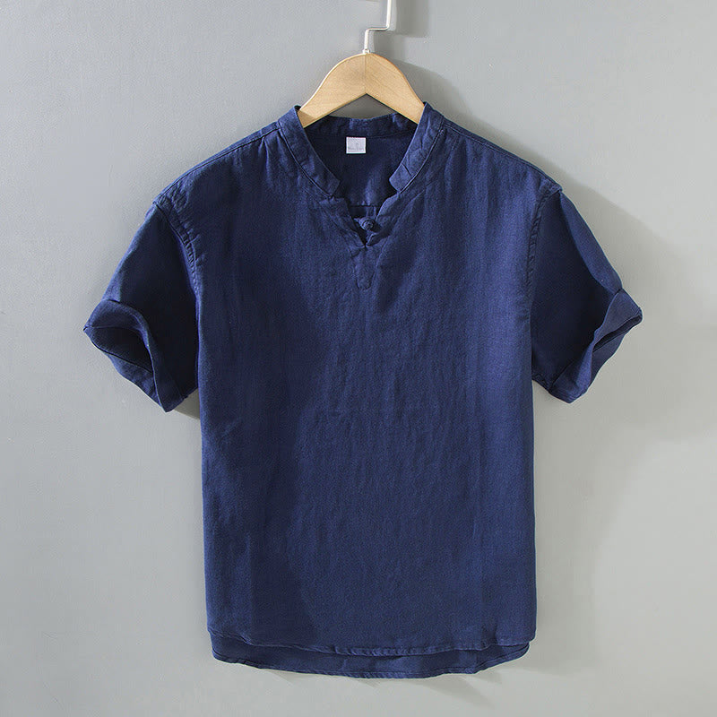 Camisa de lino de manga corta para hombre con diseño sólido de verano Buddha Stones - Azul acero - US/UK/AU42, EU52 (3XL) - image 0