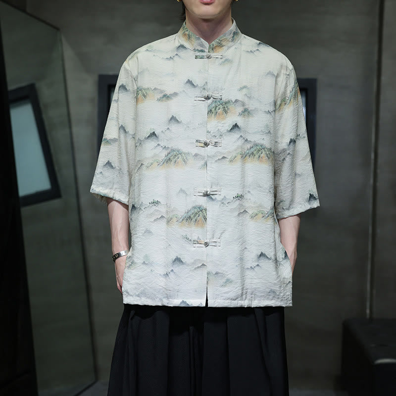 Camisa de lino y algodón de manga corta para hombre, traje Tang chino con Buddha Stones - Lino - US/UK/AU46, EU56 (5XL) - image 13
