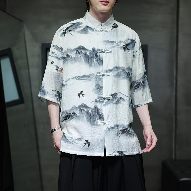 Camisa de lino y algodón de manga corta para hombre, traje Tang chino con Buddha Stones - image 1