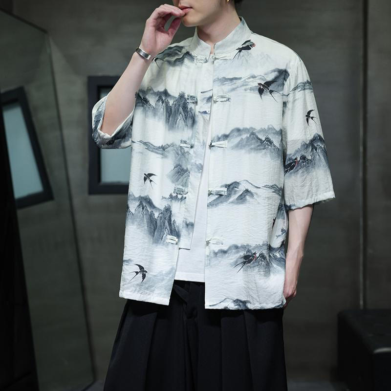 Camisa de lino y algodón de manga corta para hombre, traje Tang chino con Buddha Stones - image 9