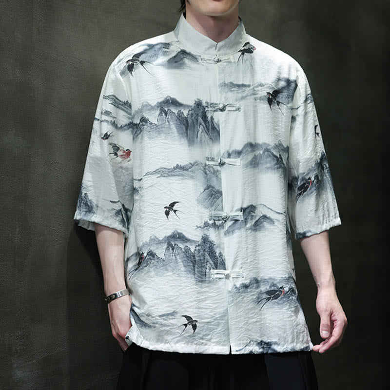 Camisa de lino y algodón de manga corta para hombre, traje Tang chino con Buddha Stones - image 6