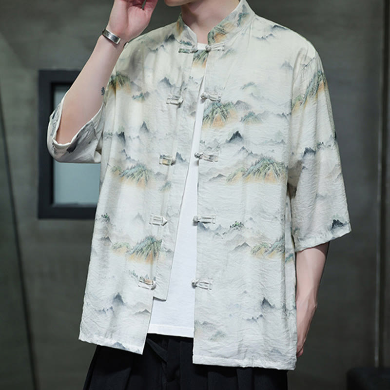 Camisa de lino y algodón de manga corta para hombre, traje Tang chino con Buddha Stones - image 17