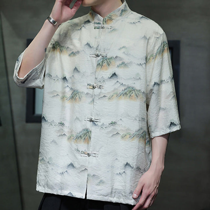 Camisa de lino y algodón de manga corta para hombre, traje Tang chino con Buddha Stones - image 18