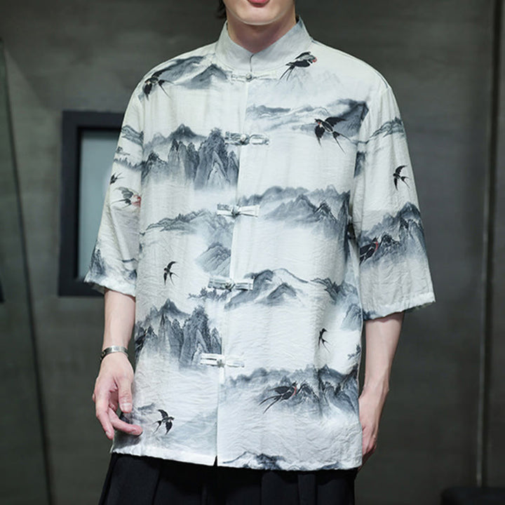Camisa de lino y algodón de manga corta para hombre, traje Tang chino con Buddha Stones - image 4