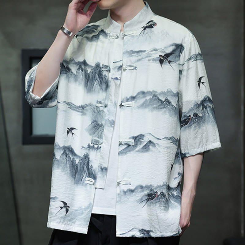 Camisa de lino y algodón de manga corta para hombre, traje Tang chino con Buddha Stones - image 4