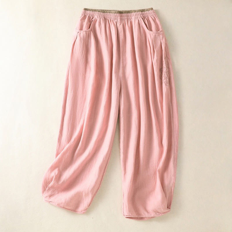 Pantalones estilo harén de lino y algodón con bolsillos para mujer, estilo Buddha Stones, color liso, diseño sencillo, largo 7-8, cintura alta - Rosa claro - US8-10，UK/AU12-14，EU40-42 (2XL) - image 6
