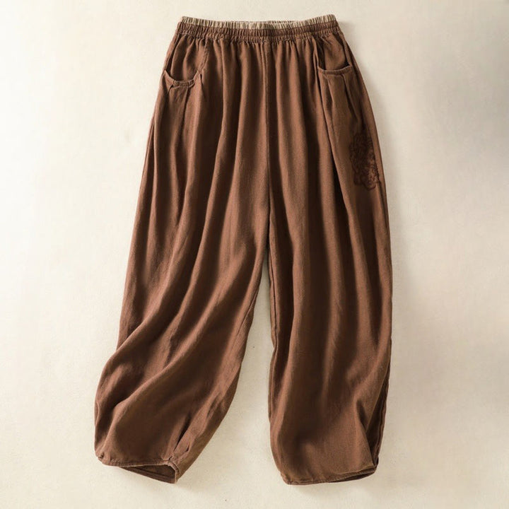 Pantalones estilo harén de lino y algodón con bolsillos para mujer, estilo Buddha Stones, color liso, diseño sencillo, largo 7-8, cintura alta - Chocolate - US8-10，UK/AU12-14，EU40-42 (2XL) - image 8