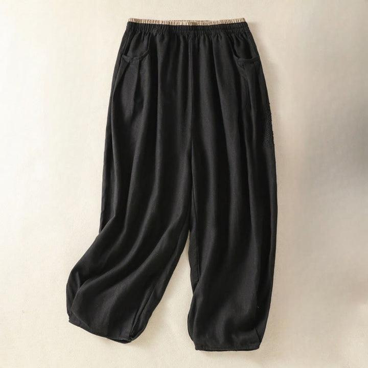 Pantalones estilo harén de lino y algodón con bolsillos para mujer, estilo Buddha Stones, color liso, diseño sencillo, largo 7-8, cintura alta - Negro - US8-10，UK/AU12-14，EU40-42 (2XL) - image 9