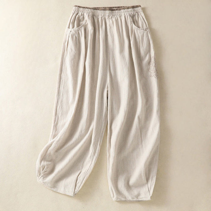 Pantalones estilo harén de lino y algodón con bolsillos para mujer, estilo Buddha Stones, color liso, diseño sencillo, largo 7-8, cintura alta - Beige - US8-10，UK/AU12-14，EU40-42 (2XL) - image 1