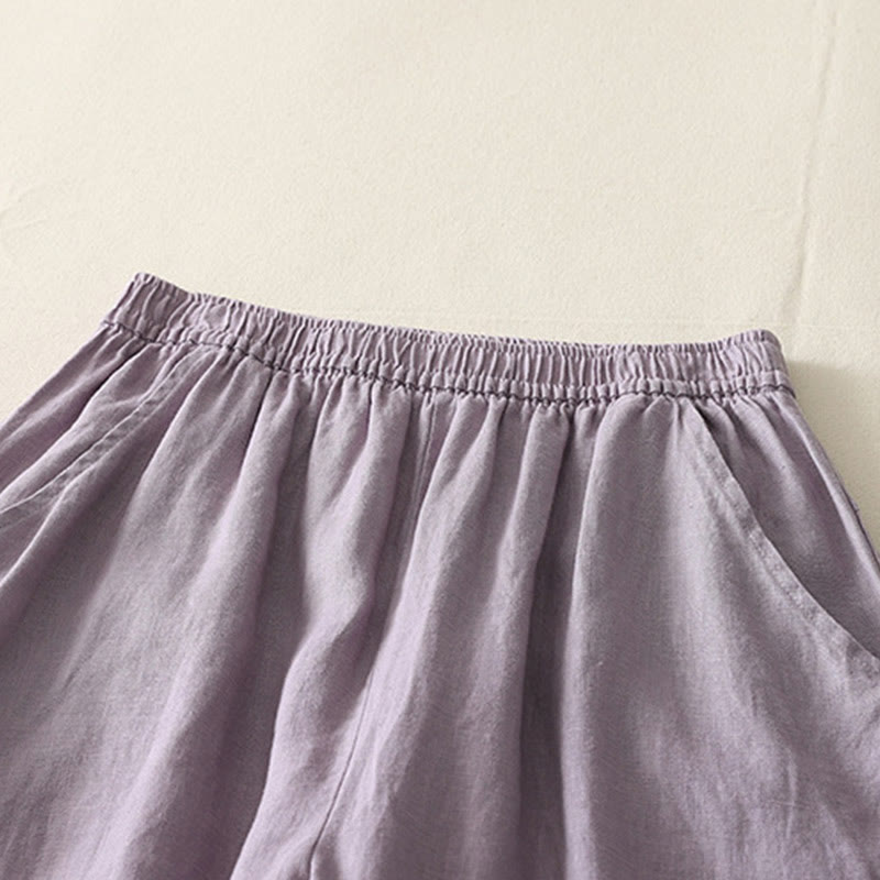 Pantalones de lino y algodón con bolsillos para mujer, de pierna ancha, con cintura elástica, de color liso, para uso diario en verano - image 6