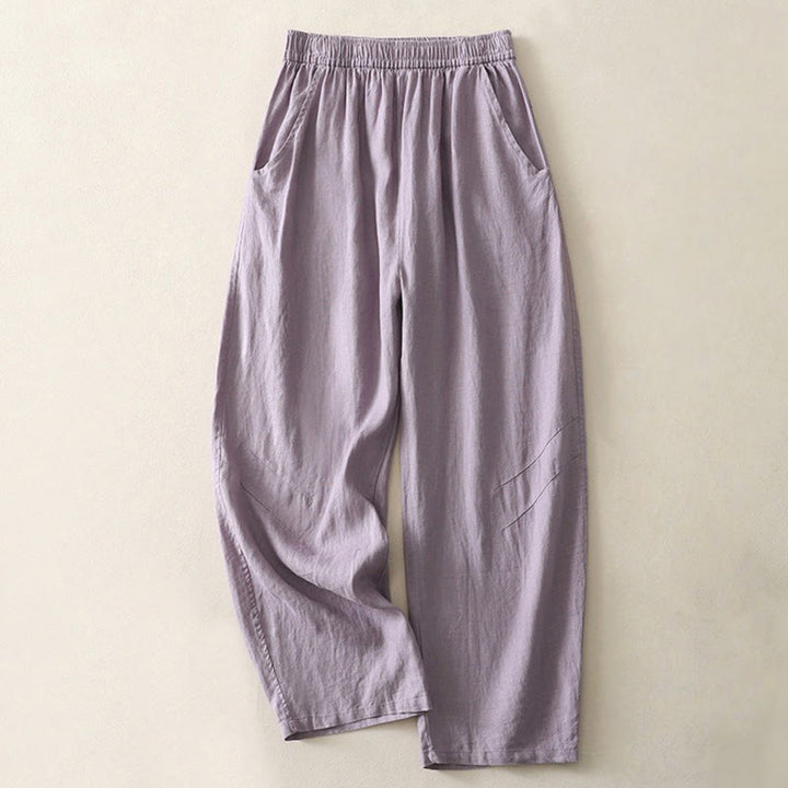Pantalones de lino y algodón con bolsillos para mujer, de pierna ancha, con cintura elástica, de color liso, para uso diario en verano - Morado medio - US8-10，UK/AU12-14，EU40-42 (2XL) - image 4
