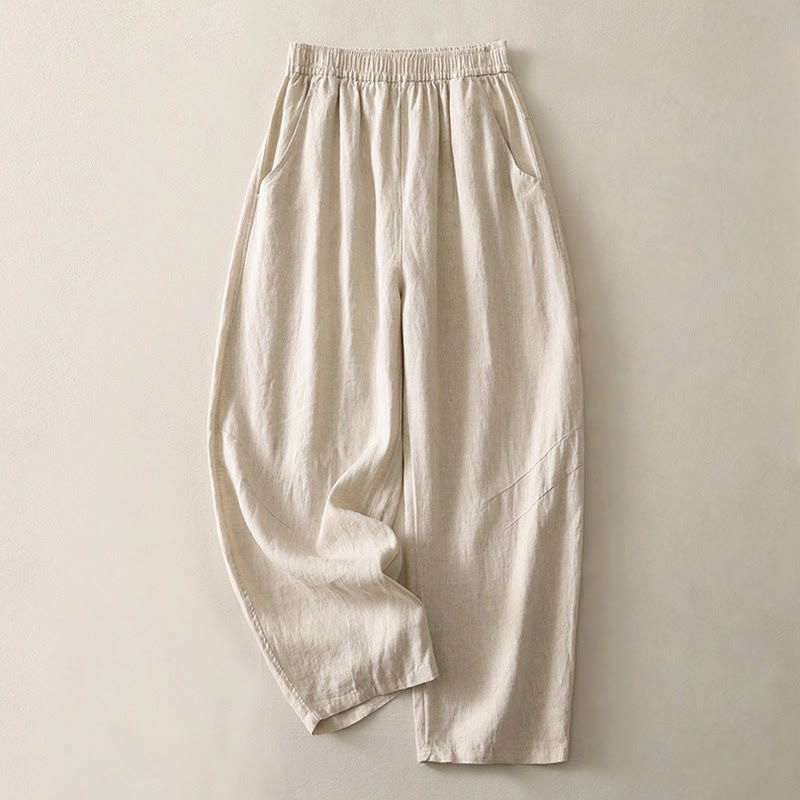 Pantalones de lino y algodón con bolsillos para mujer, de pierna ancha, con cintura elástica, de color liso, para uso diario en verano - Beige - US8-10，UK/AU12-14，EU40-42 (2XL) - image 0