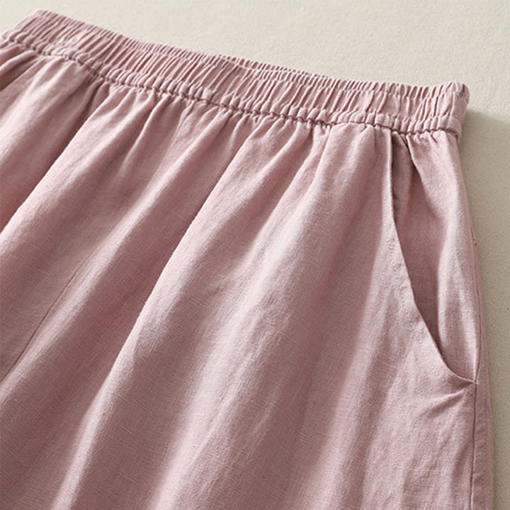 Pantalones de lino y algodón con bolsillos para mujer, de pierna ancha, con cintura elástica, de color liso, para uso diario en verano - image 9