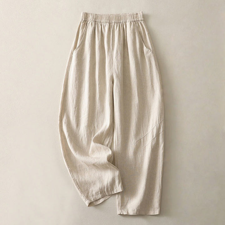 Pantalones de lino y algodón con bolsillos para mujer, de pierna ancha, con cintura elástica, de color liso, para uso diario en verano - Beige - US8-10，UK/AU12-14，EU40-42 (2XL) - image 0