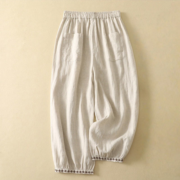 Pantalones casuales retro con bordado y cordón ajustable para mujer, con diseño de Buddha Stones, largo 7-8 y bolsillos. - image 1