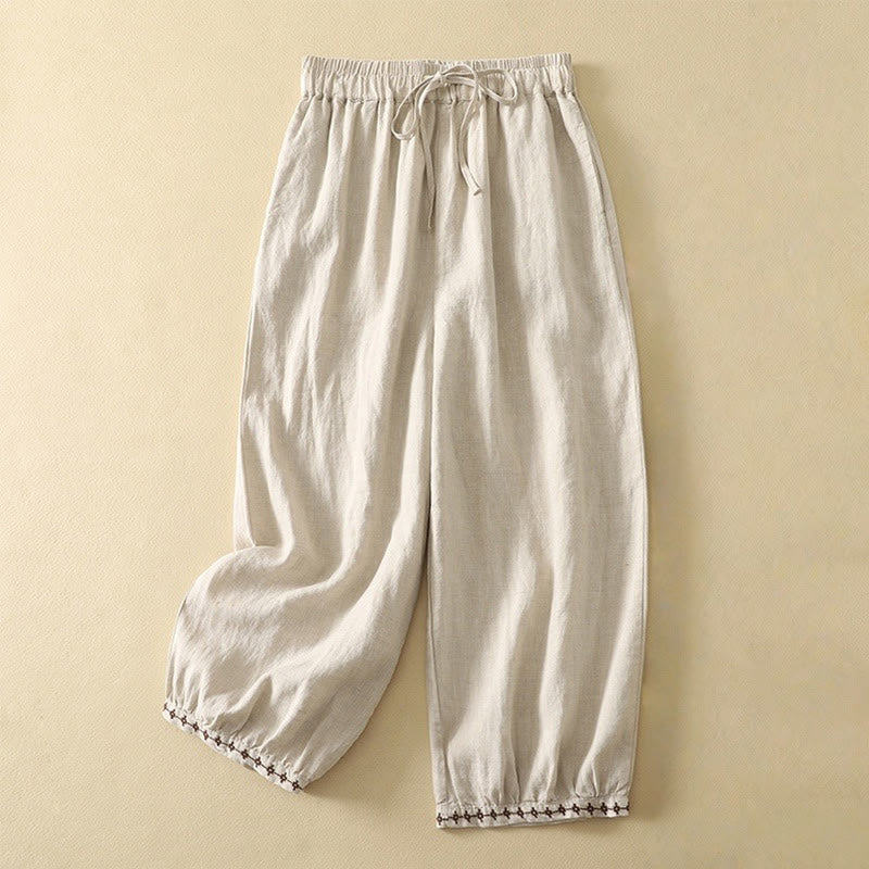 Pantalones casuales retro con bordado y cordón ajustable para mujer, con diseño de Buddha Stones, largo 7-8 y bolsillos. - Lino - US8-10，UK/AU12-14，EU40-42 (2XL) - image 0