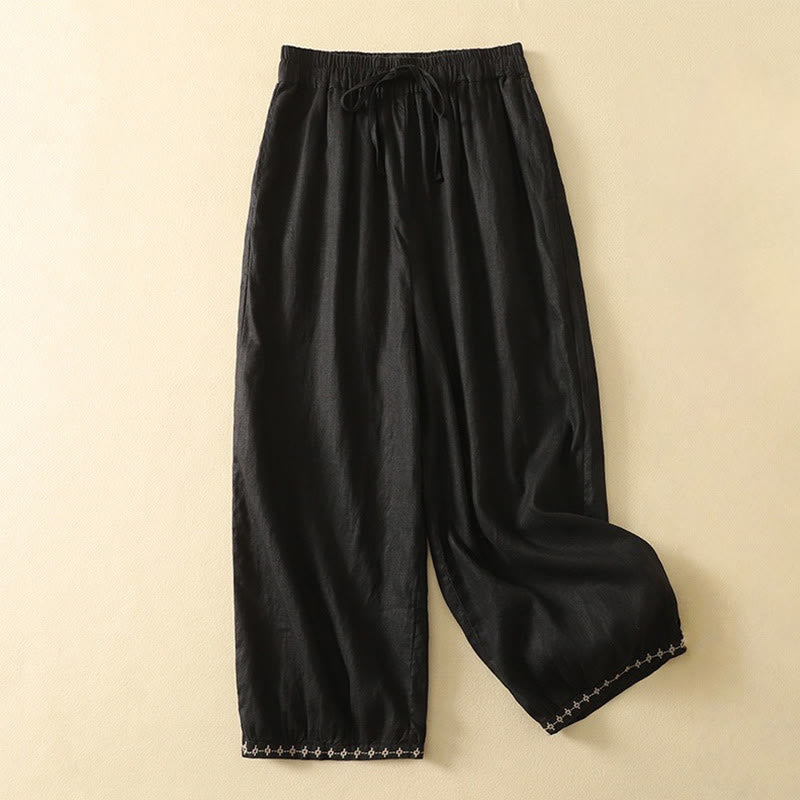 Pantalones casuales retro con bordado de Buddha Stones, de algodón y lino, para mujer, de longitud 7-8, con bolsillos - Negro - US8-10，UK/AU12-14，EU40-42 (2XL) - image 10