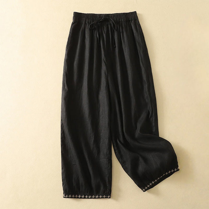 Pantalones casuales retro con bordado de Buddha Stones, de algodón y lino, para mujer, de longitud 7-8, con bolsillos - Negro - US8-10，UK/AU12-14，EU40-42 (2XL) - image 10