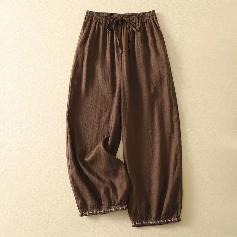 Pantalones casuales retro con bordado de Buddha Stones, de algodón y lino, para mujer, de longitud 7-8, con bolsillos - SaddleBrown - US8-10，UK/AU12-14，EU40-42 (2XL) - image 14