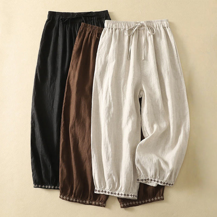 Pantalones casuales retro con bordado y cordón ajustable para mujer, con diseño de Buddha Stones, largo 7-8 y bolsillos. - image 17