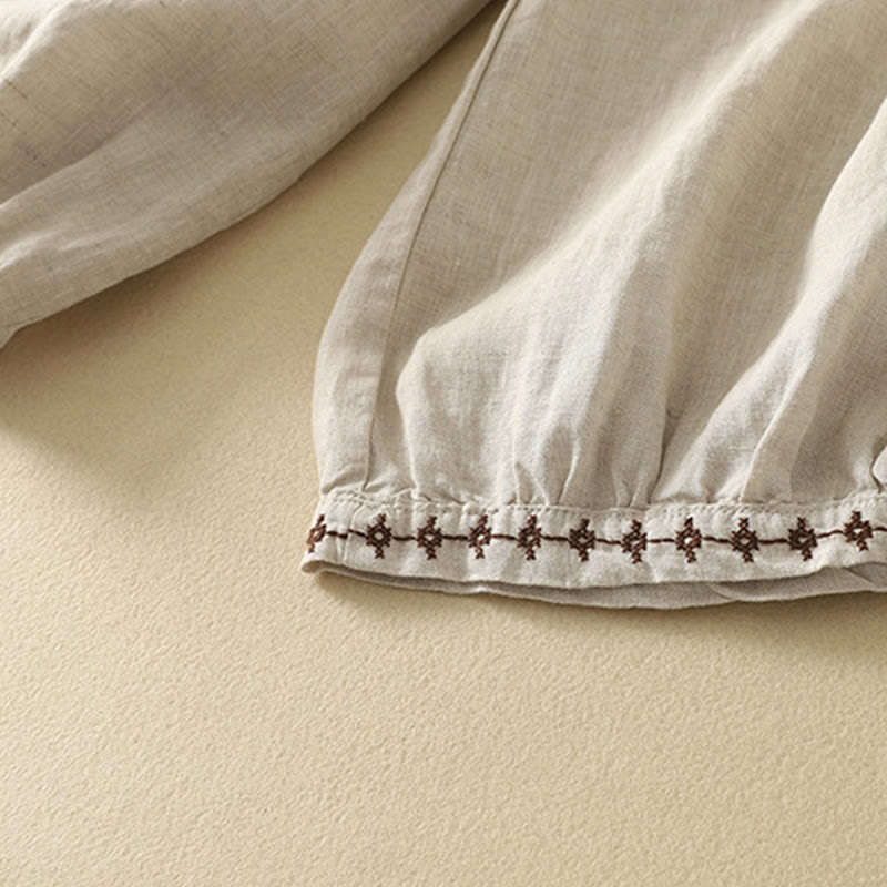 Pantalones casuales retro con bordado de Buddha Stones, de algodón y lino, para mujer, de longitud 7-8, con bolsillos - image 8