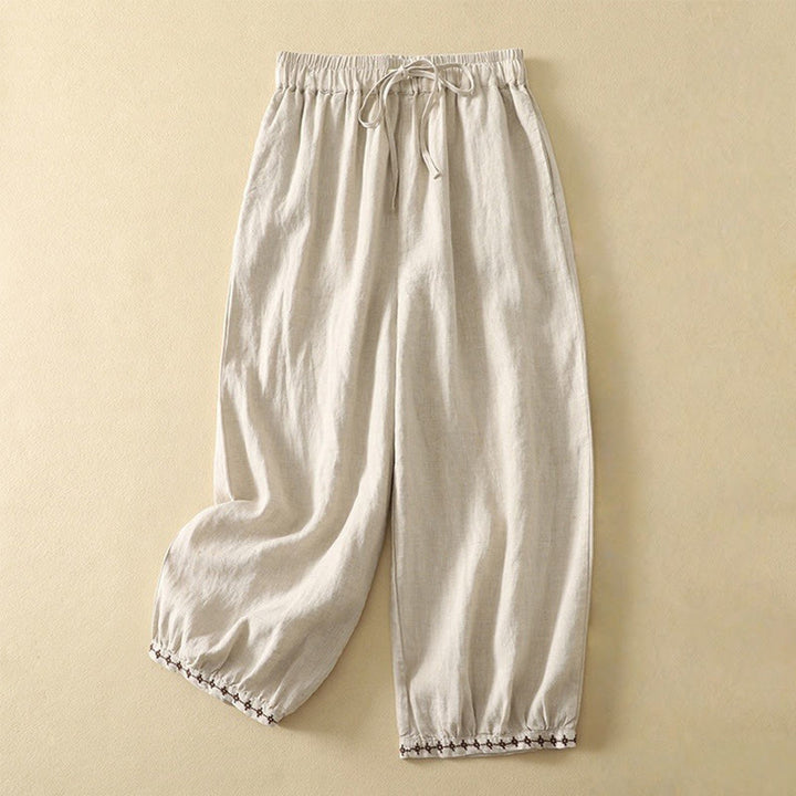 Pantalones casuales retro con bordado de Buddha Stones, de algodón y lino, para mujer, de longitud 7-8, con bolsillos - Lino - US8-10，UK/AU12-14，EU40-42 (2XL) - image 1