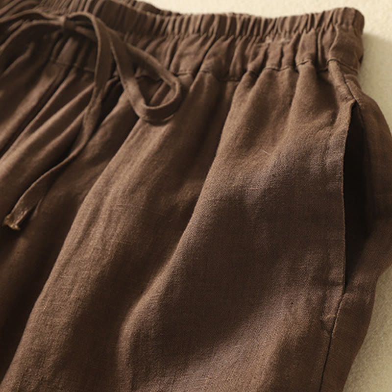 Pantalones casuales retro con bordado de Buddha Stones, de algodón y lino, para mujer, de longitud 7-8, con bolsillos - image 15