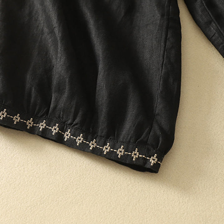 Pantalones casuales retro con bordado de Buddha Stones, de algodón y lino, para mujer, de longitud 7-8, con bolsillos - image 12