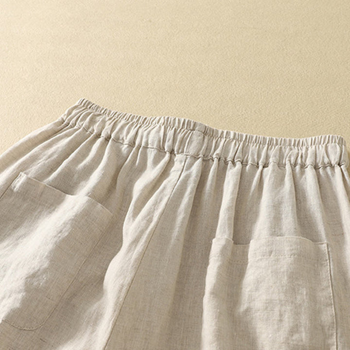 Pantalones casuales retro con bordado de Buddha Stones, de algodón y lino, para mujer, de longitud 7-8, con bolsillos - image 4