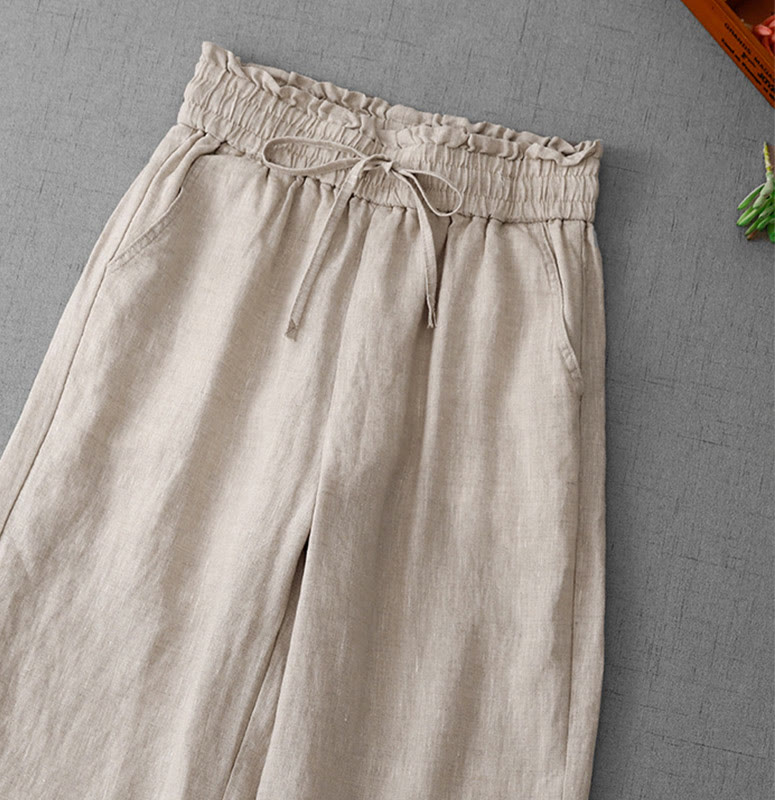 Pantalones casuales de Buddha Stones con cintura alta, volantes y cordón ajustable para mujer, con bolsillos y pernera ancha. - image 2