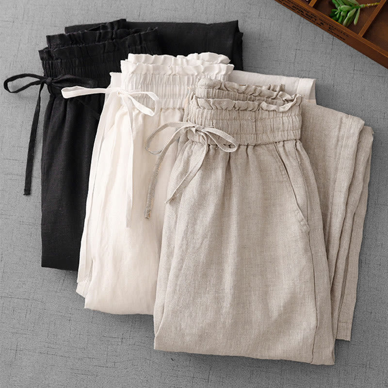 Pantalones casuales de Buddha Stones con cintura alta, volantes y cordón ajustable para mujer, con bolsillos y pernera ancha. - image 27