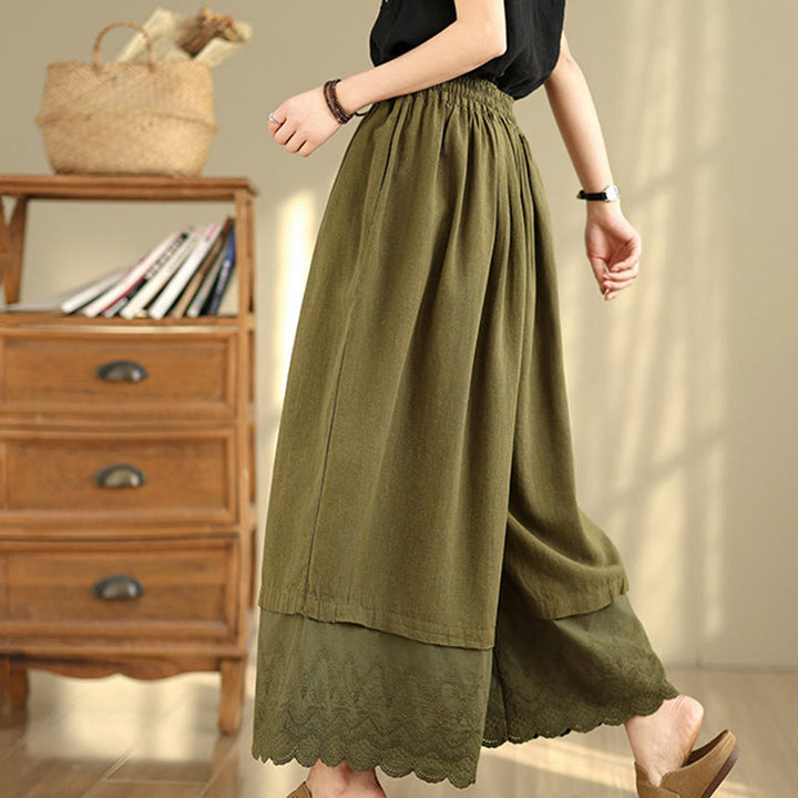 Pantalones de algodón de pierna ancha con bolsillos para mujer, diseño de patchwork, con dobladillo de encaje bordado y Buddha Stones - image 24