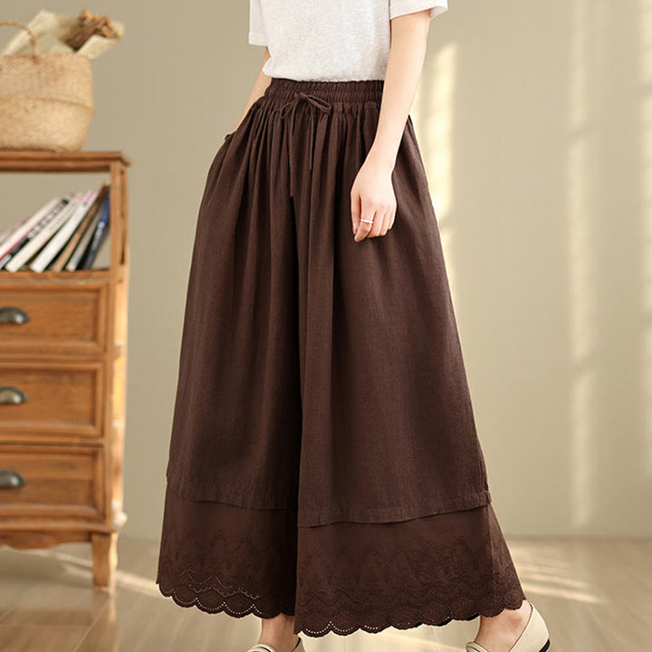 Pantalones de algodón de pierna ancha con bolsillos para mujer, diseño de patchwork, con dobladillo de encaje bordado y Buddha Stones - Marrón silla de montar - US8-10，UK/AU12-14，EU40-42 (2XL) - image 12