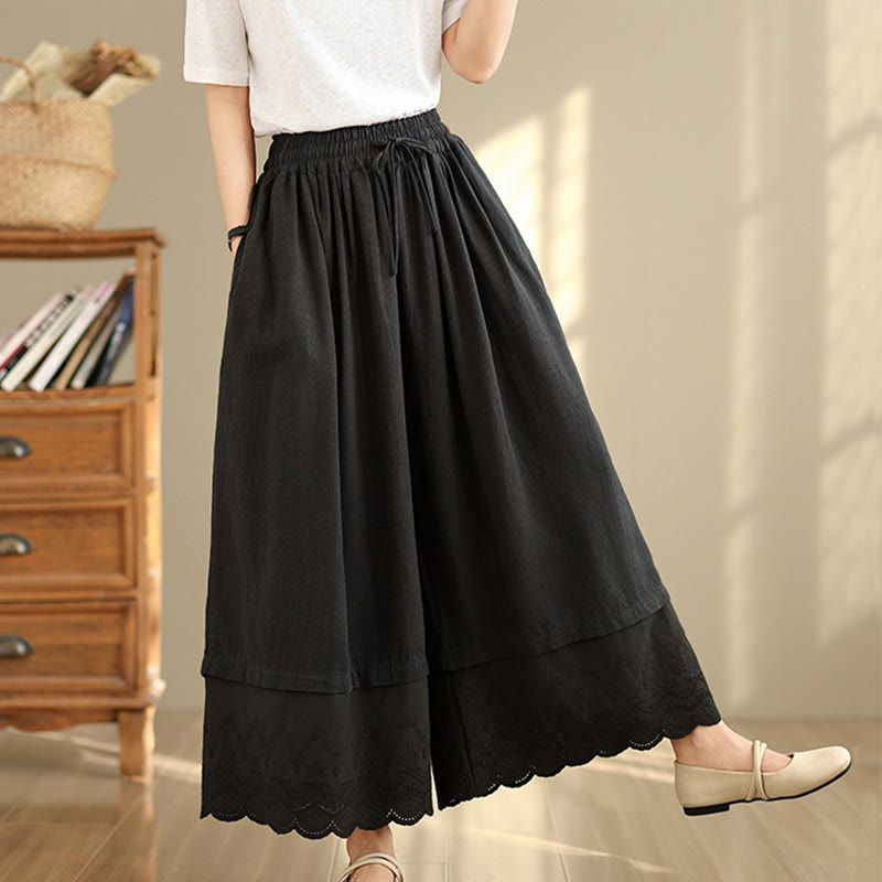 Pantalones de algodón de pierna ancha con bolsillos para mujer, diseño de patchwork, con dobladillo de encaje bordado y Buddha Stones - Negro - US8-10，UK/AU12-14，EU40-42 (2XL) - image 10