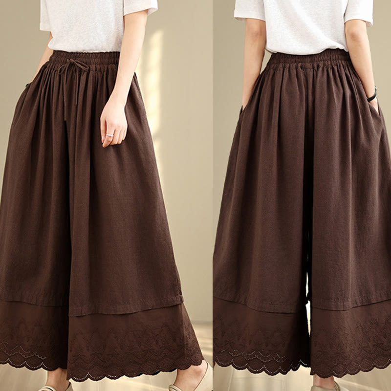 Pantalones de algodón de pierna ancha con bolsillos para mujer, diseño de patchwork, con dobladillo de encaje bordado y Buddha Stones - image 17