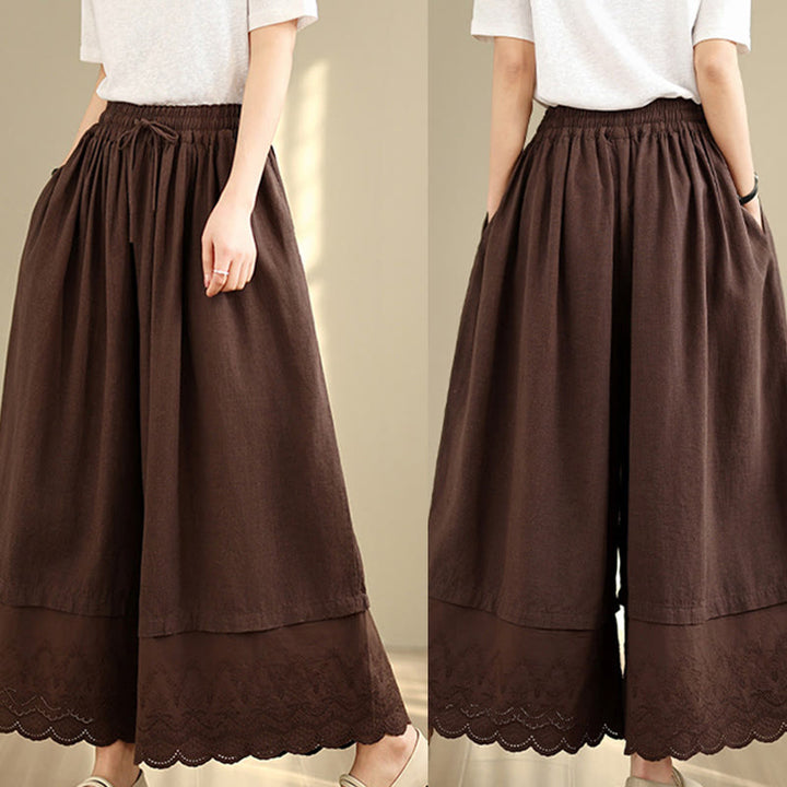 Pantalones de algodón de pierna ancha con bolsillos para mujer, diseño de patchwork, con dobladillo de encaje bordado y Buddha Stones - image 17