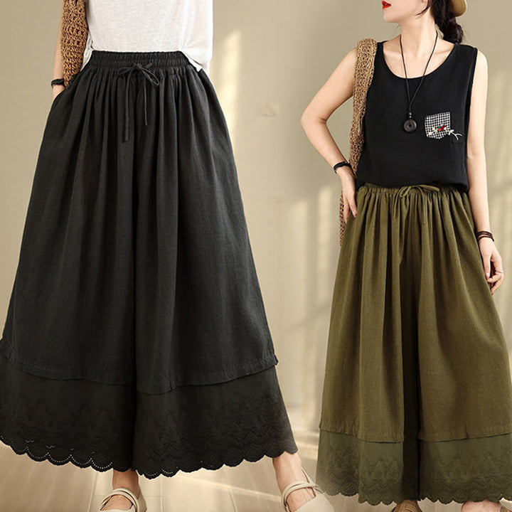 Pantalones de algodón de pierna ancha con bolsillos para mujer, diseño de patchwork, con dobladillo de encaje bordado y Buddha Stones - image 25