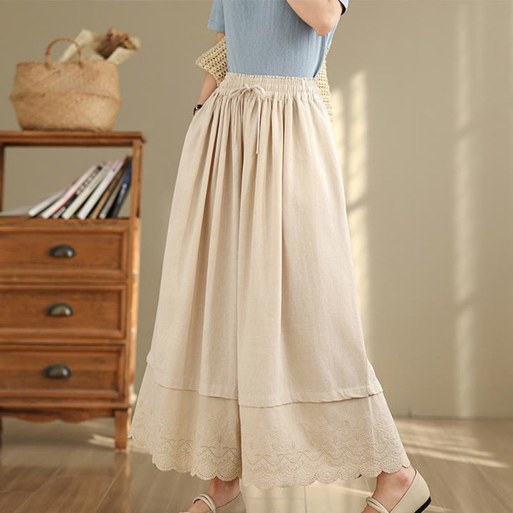 Pantalones de algodón de pierna ancha con bolsillos para mujer, diseño de patchwork, con dobladillo de encaje bordado y Buddha Stones - image 1