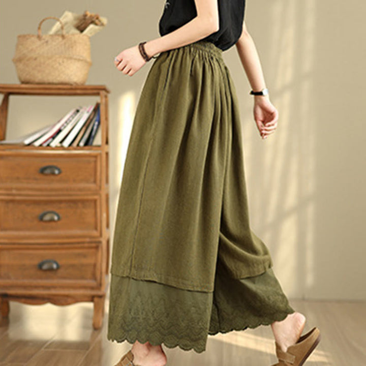 Pantalones de algodón de pierna ancha con bolsillos para mujer, diseño de patchwork, con dobladillo de encaje bordado y Buddha Stones - image 21