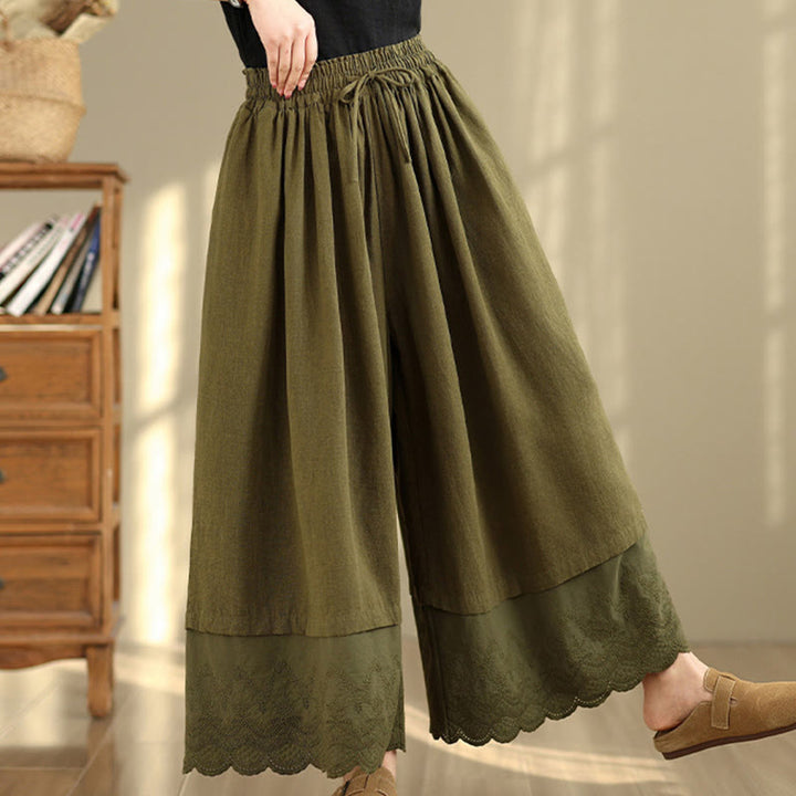 Pantalones de algodón de pierna ancha con bolsillos para mujer, diseño de patchwork, con dobladillo de encaje bordado y Buddha Stones - image 21