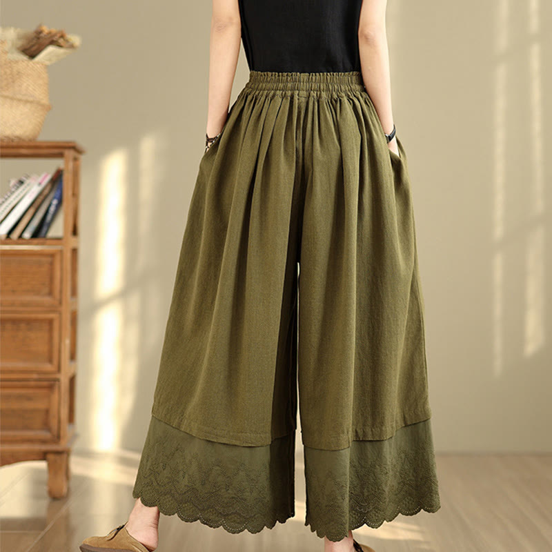 Pantalones de algodón de pierna ancha con bolsillos para mujer, diseño de patchwork, con dobladillo de encaje bordado y Buddha Stones - image 20
