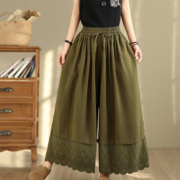 Pantalones de algodón de pierna ancha con bolsillos para mujer, diseño de patchwork, con dobladillo de encaje bordado y Buddha Stones - Verde oliva oscuro - US8-10，UK/AU12-14，EU40-42 (2XL) - image 18