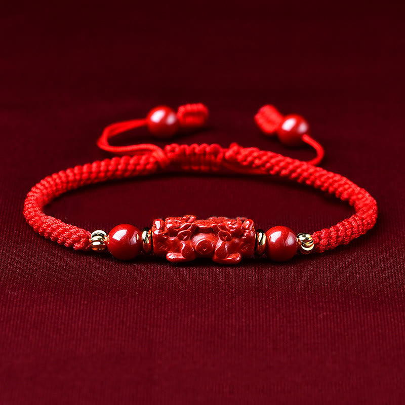 Pulsera trenzada de Pixiu, cinabrio y ruyi, hecha a mano con Buddha Stones, para la riqueza y la suerte - Cinnabar PiXiu (circunferencia de la muñeca: 14-19 cm) - image 0