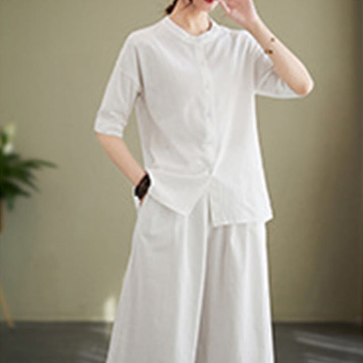 Conjunto de 2 piezas de camisa informal de manga corta con botones, pantalones anchos y bolsillos de algodón Zen con diseño de Buddha Stones y piedras de color liso para mujer - image 5