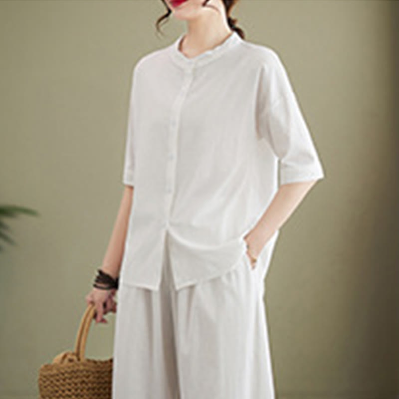 Conjunto de 2 piezas de camisa informal de manga corta con botones, pantalones anchos y bolsillos de algodón Zen con diseño de Buddha Stones y piedras de color liso para mujer - image 4