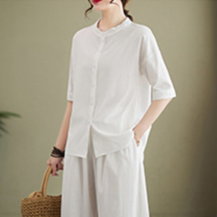 Conjunto de 2 piezas de camisa informal de manga corta con botones, pantalones anchos y bolsillos de algodón Zen con diseño de Buddha Stones y piedras de color liso para mujer - image 4