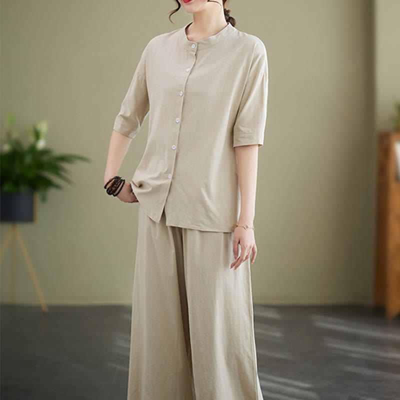 Conjunto de 2 piezas de camisa informal de manga corta con botones, pantalones anchos y bolsillos de algodón Zen con diseño de Buddha Stones y piedras de color liso para mujer - image 20