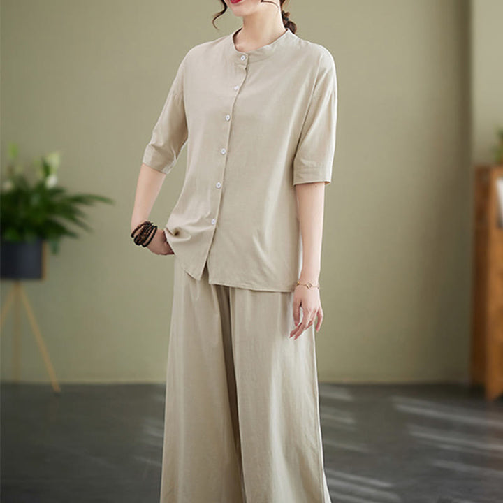 Conjunto de 2 piezas de camisa informal de manga corta con botones, pantalones anchos y bolsillos de algodón Zen con diseño de Buddha Stones y piedras de color liso para mujer - image 20